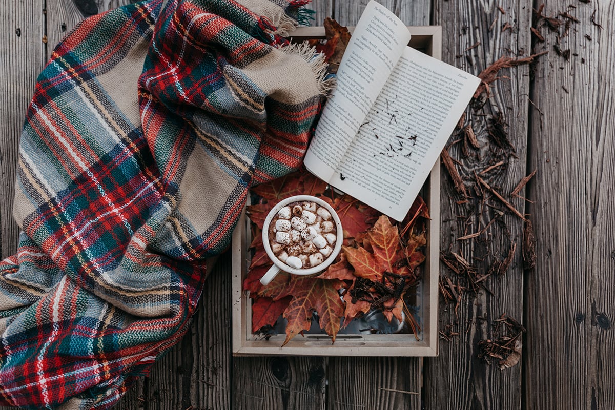 Fall Hashtags - book, blanket, and leaves
