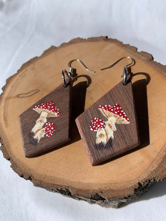 Cottagecore Jewelry geometric wooden mushroom painted earrings