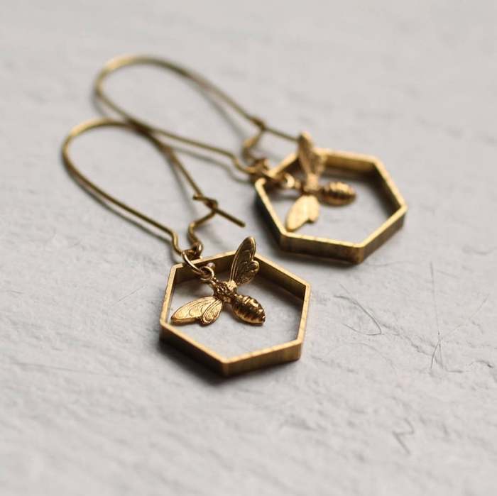 Cottagecore Jewelry hexagon bee dangle earrings
