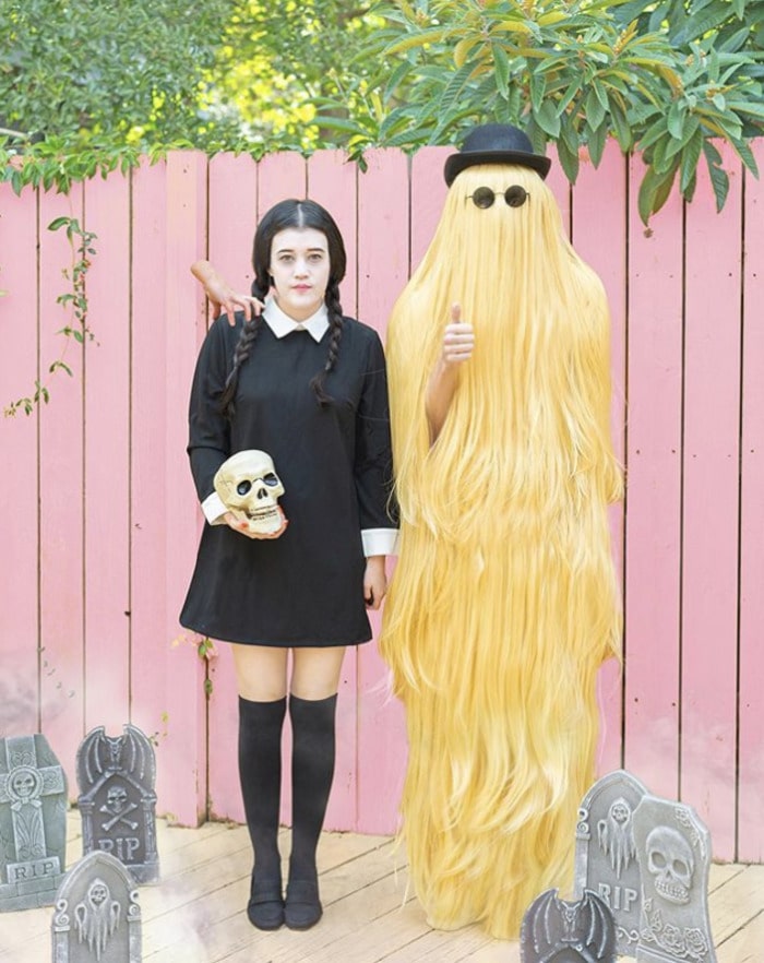 funny couples costumes - Wednesday Addams and cousin it from The Addams Family