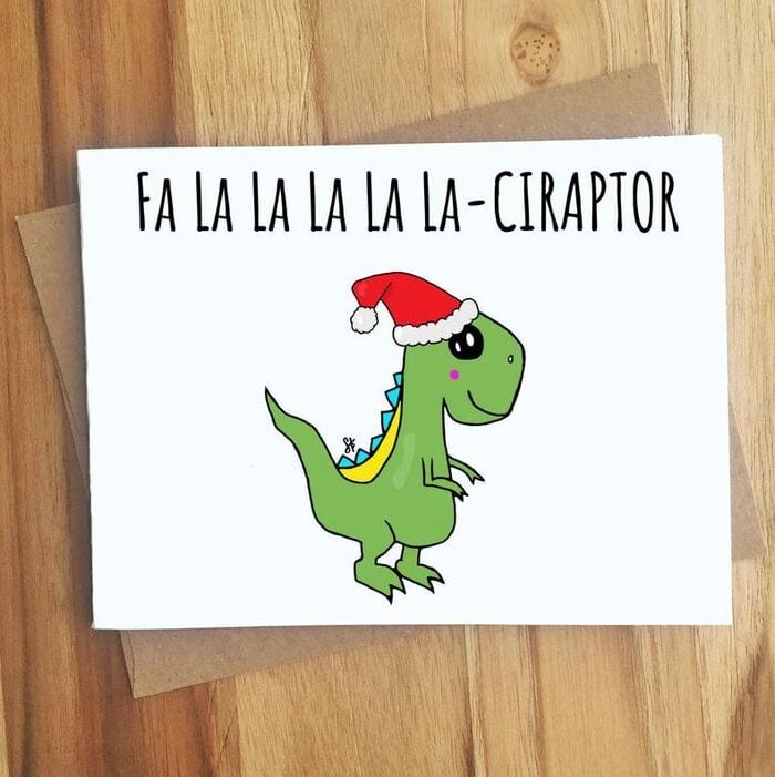Christmas puns - F la la la Ciraptor dinosaur card