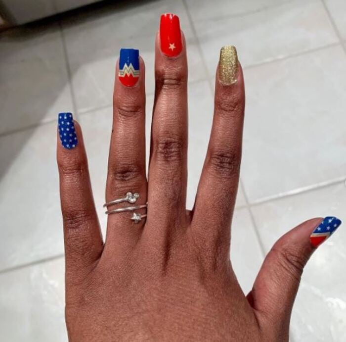 Wonder Woman Nails - red blue and gold nails