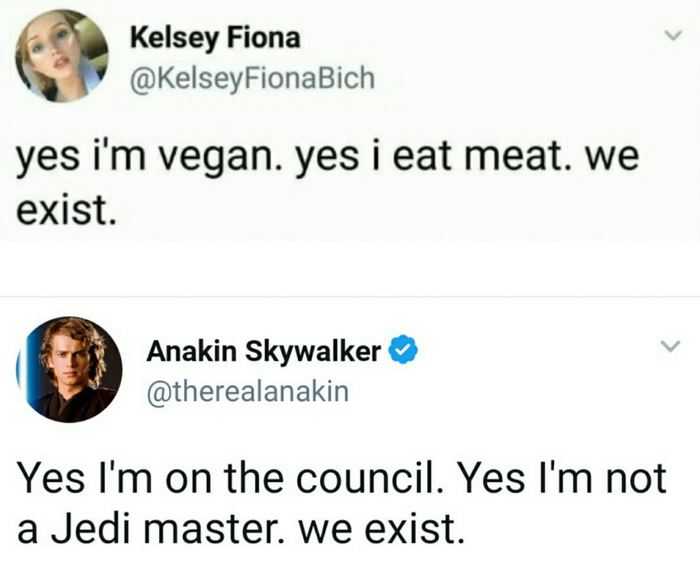 Star Wars Memes - Yes I'm vegan. Yes I eat meat. We exist. Reply: Yes I'm on the council, Yes I'm not a Jedi master. We exist