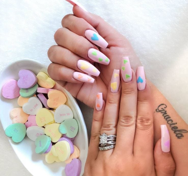 Valentines Nails - Coloured pastel hearts