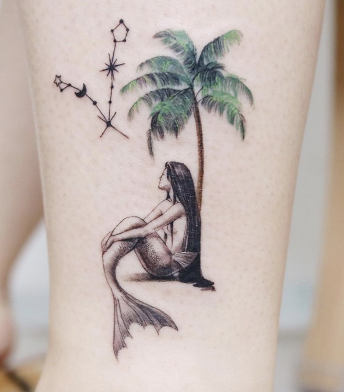 Pisces Tattoos - mermaid palm tree tattoo