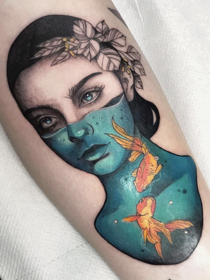 Pisces Tattoos - fish bowl woman tattoo