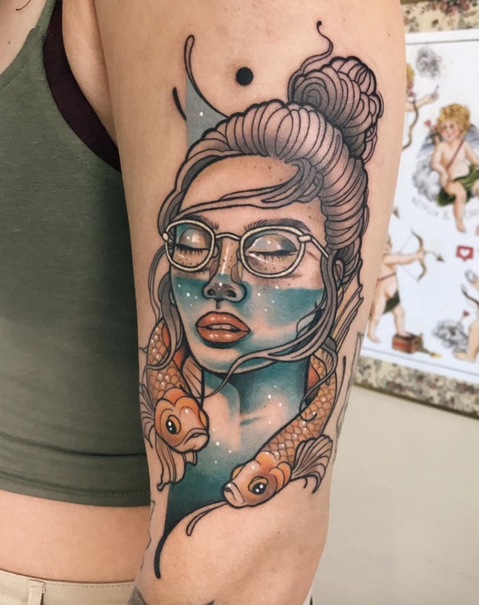 Pisces Tattoos - woman with fish and water