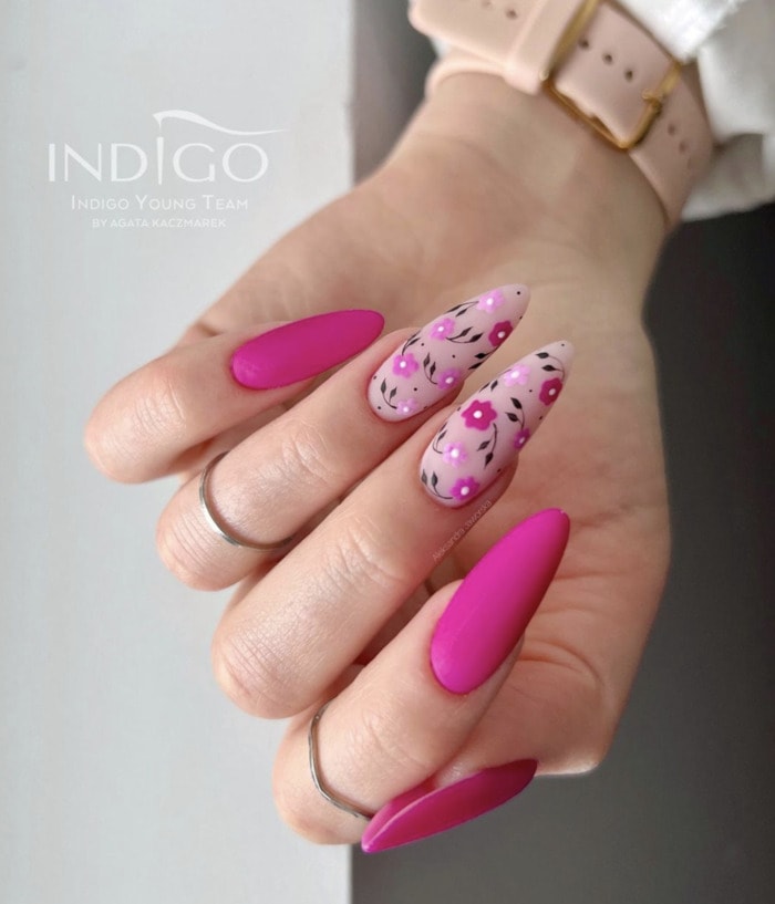 Spring Nail Designs - hot pink nails with flowers