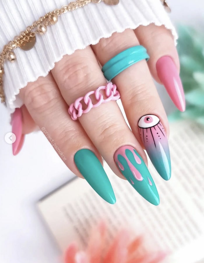 Spring Nail Designs - pink green ombre nails with eye