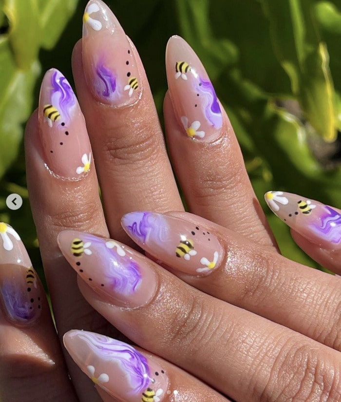Spring Nail Designs - purple nails with bees