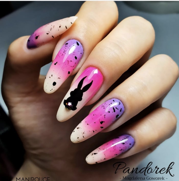 Spring Nail Designs - hot pink and purple speckled neon easter nails with bunny