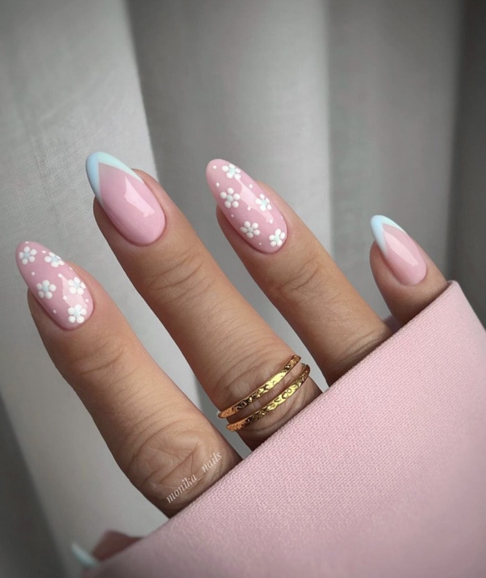 Spring Nail Designs - blue french tip with white flowers