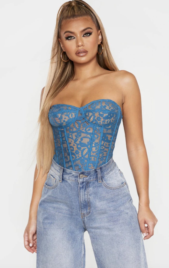 Corset Roundup - Pretty Little Thing blue sheer lace structured corset top