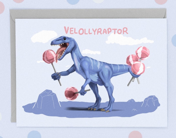 Cute Puns - Velollyraptor lollypop dinosaur greeting card