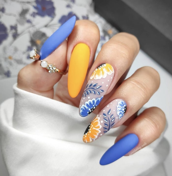 Spring Nails - blue and yellow floral long nails
