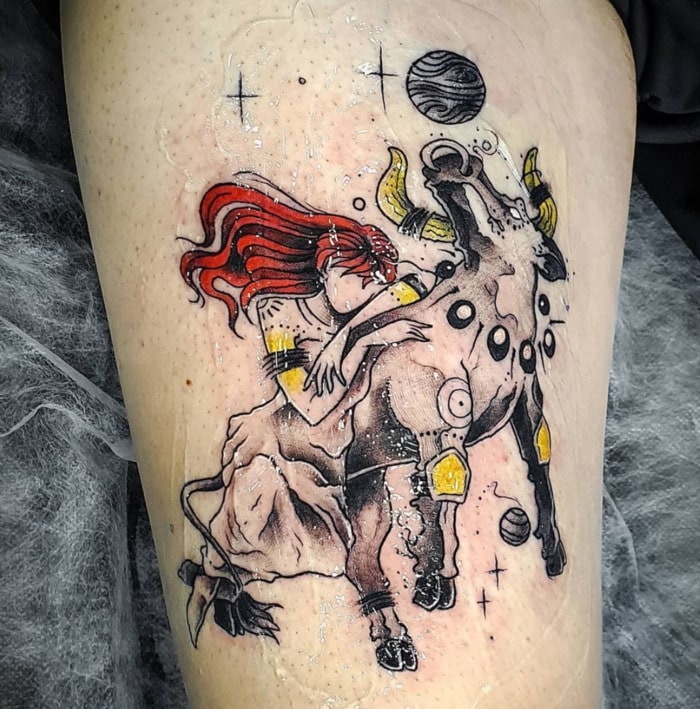 Taurus Tattoos - shiny bull with lady