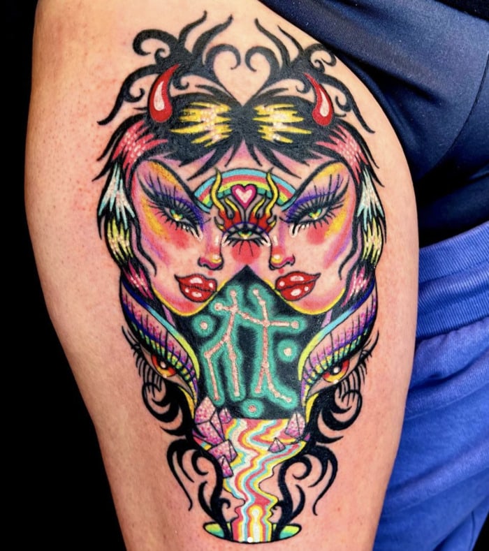Gemini Tattoos - colorful two women