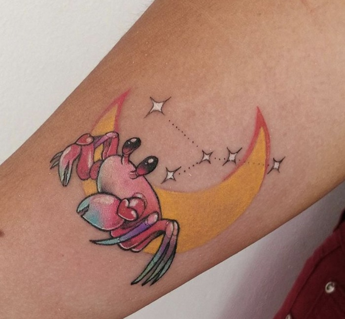 Cancer Zodiac Tattoo - Pastel Crab with Moon