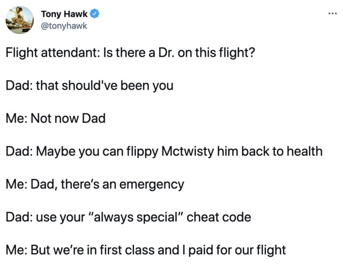 Tony Hawk Tweets - doctor on the flight
