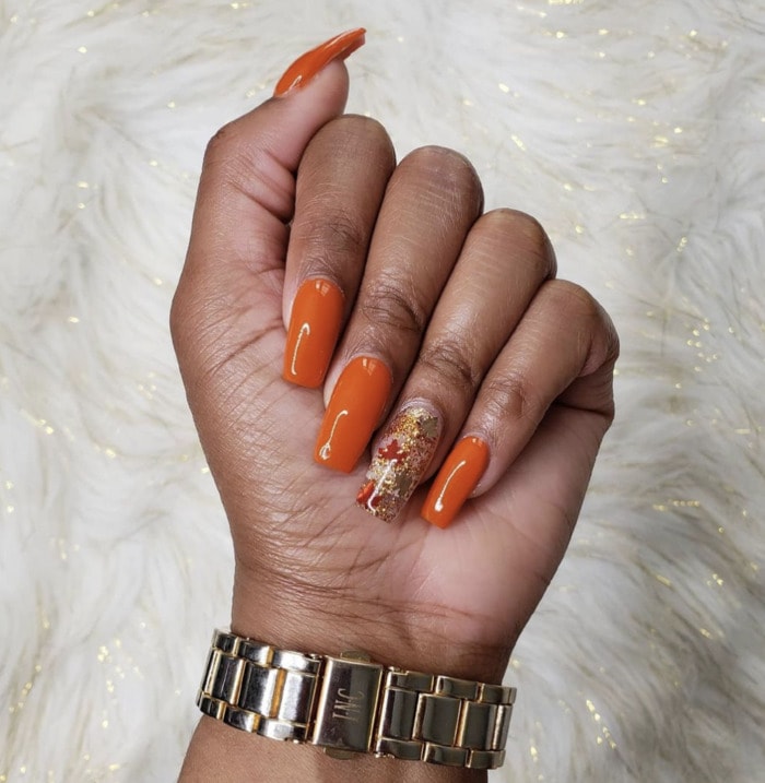 Fall Nail Designs - orange leaf foil nails