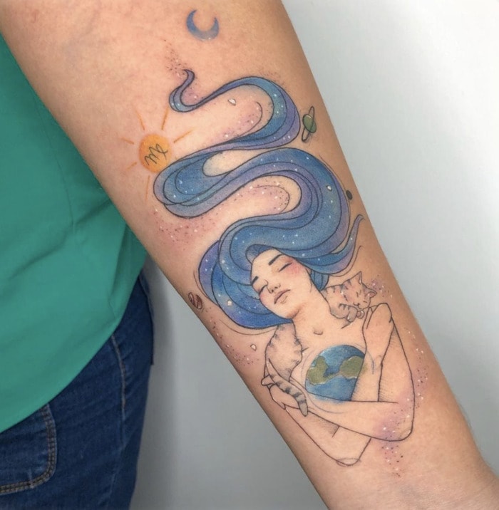 Virgo Tattoo - long hair woman holding earth