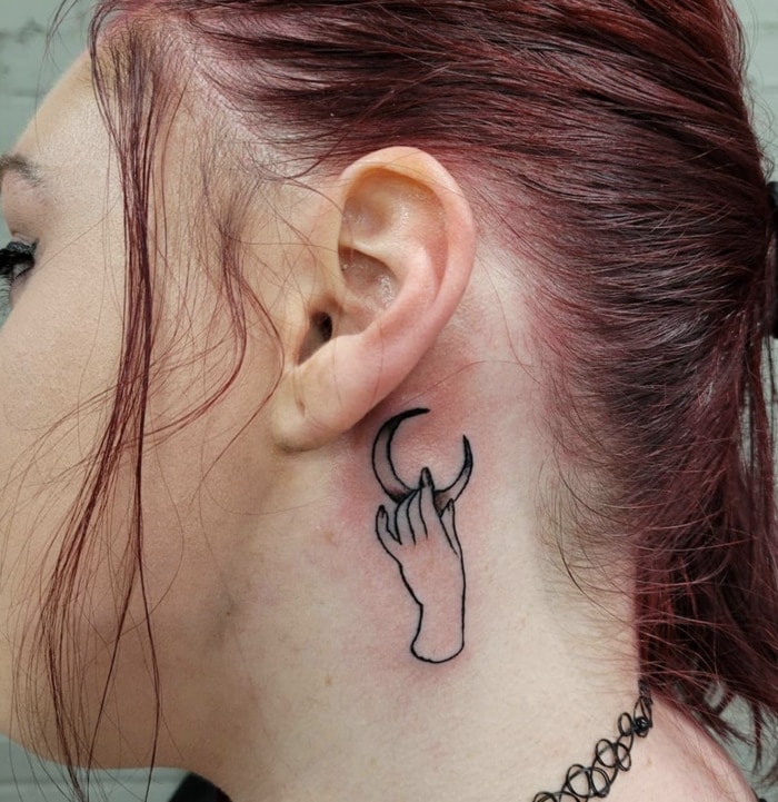 Behind the Ear Tattoos - moon in hand