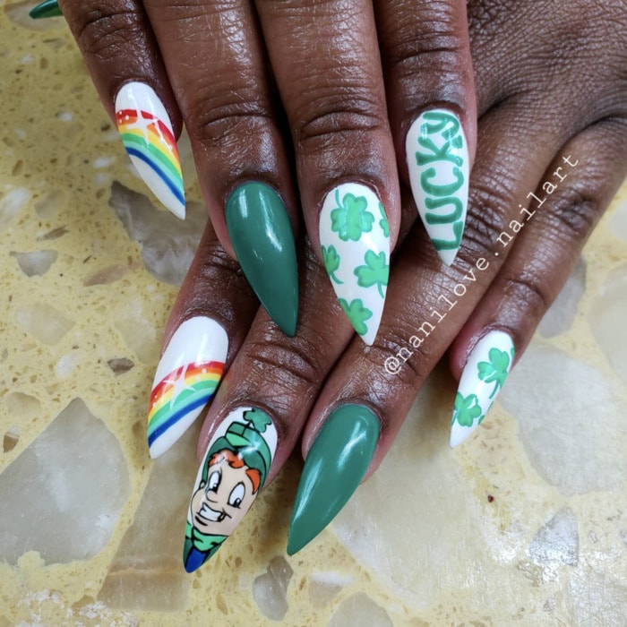 St Patricks Day Nails - Leprechaun rainbow lucky nails