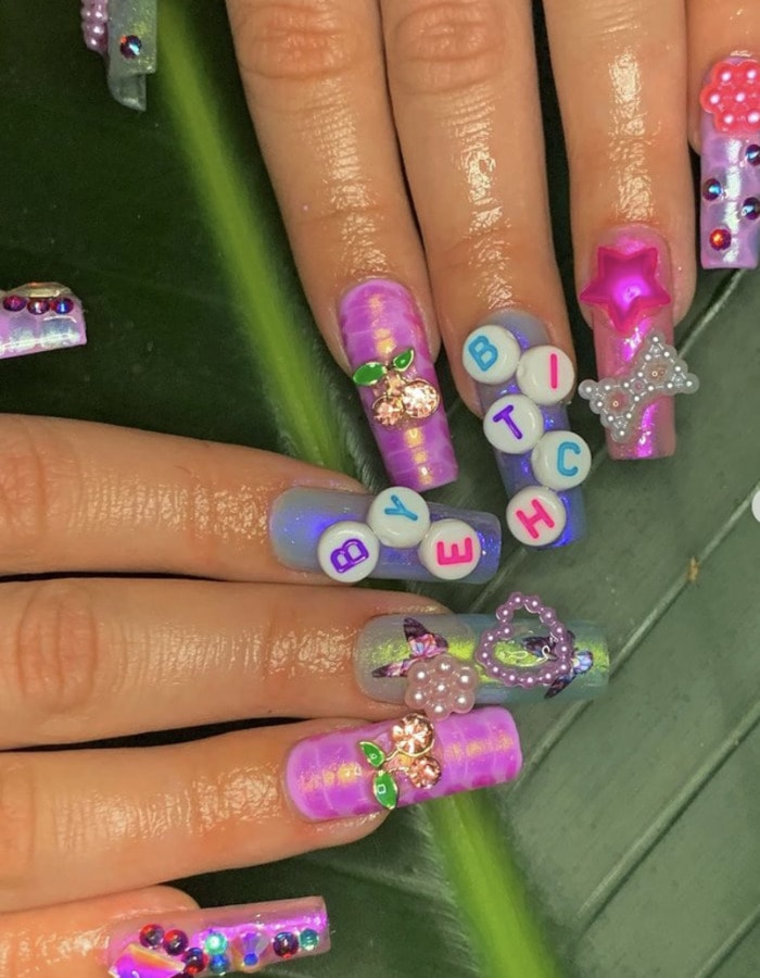 3D Nails - Bye Bitch beaded nails