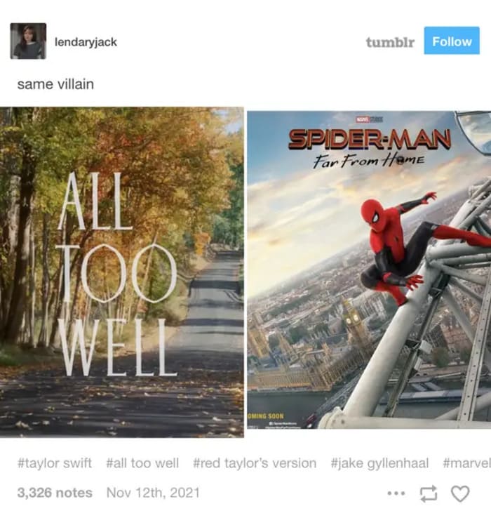 Taylor Swift Memes - jake gyllenhaal all too well spiderman