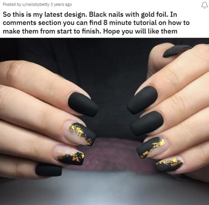 Black Nails - Black and Gold Foil Nails