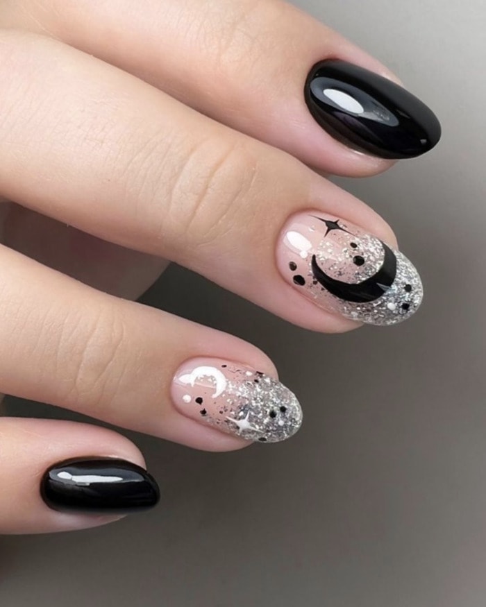 Cute Halloween Nails - sparkly moons