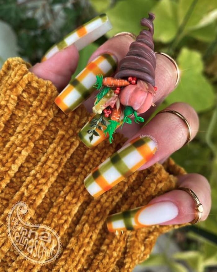 Thanksgiving nail art - cornucopia plaid