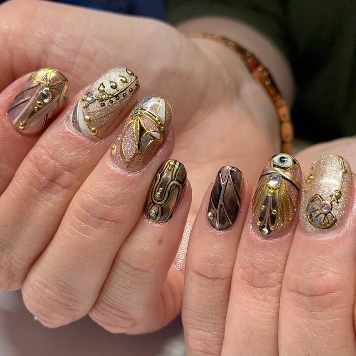 Art Deco Nails - Gold Gilded Art Deco Nails With Glitter