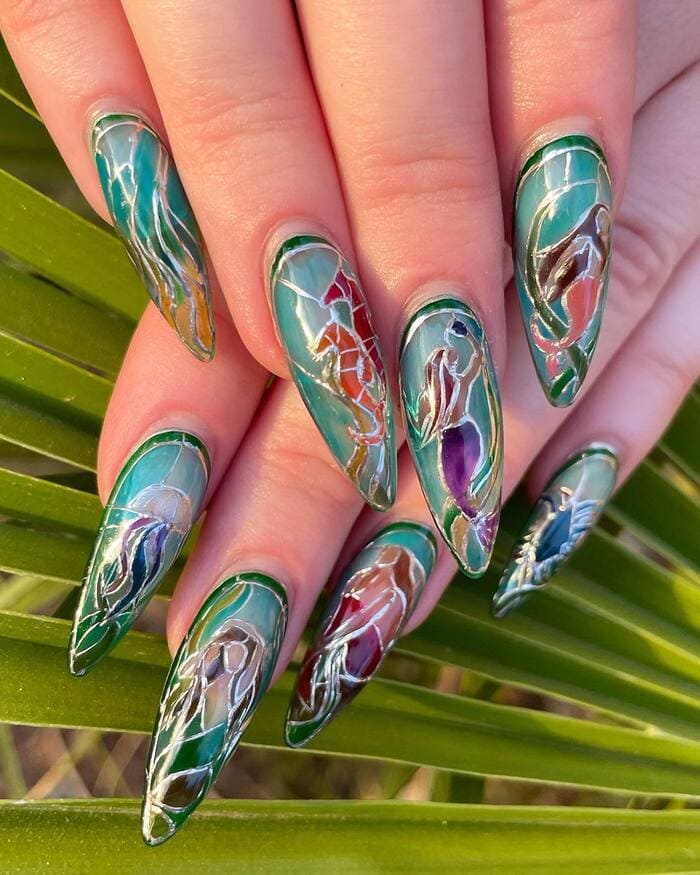 Art Deco Nails - Stained Glass Mermaid Art Deco Nails