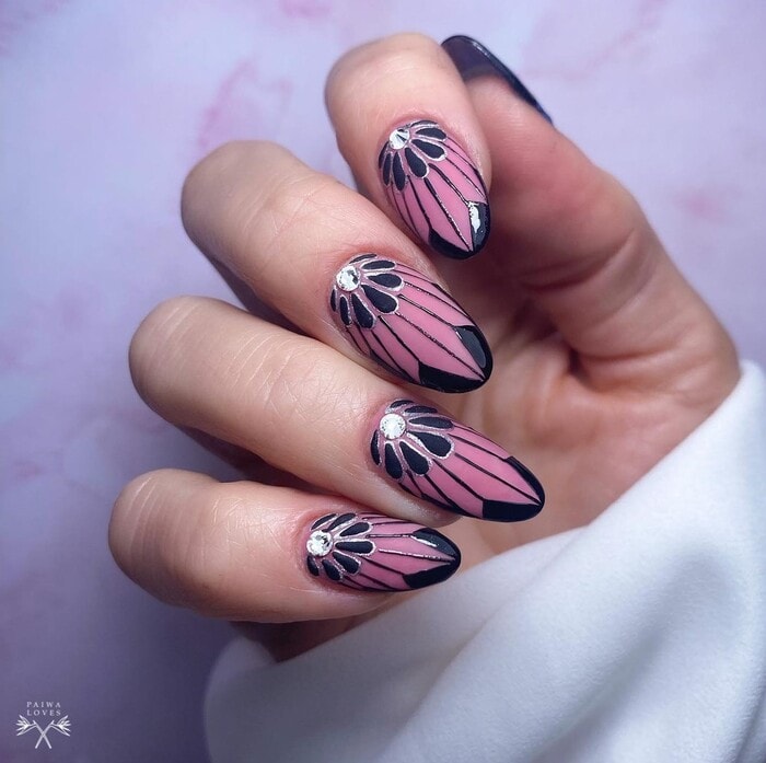 Art Deco Nails - Pink and Black Art Deco Nails With Rhinestones