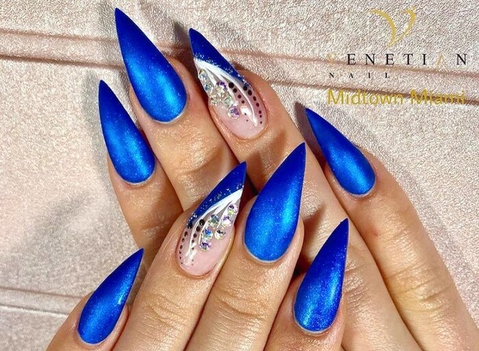 Hanukkah Nail Designs - Shimmery Blue With Rhinestone Accent Stiletto Nails