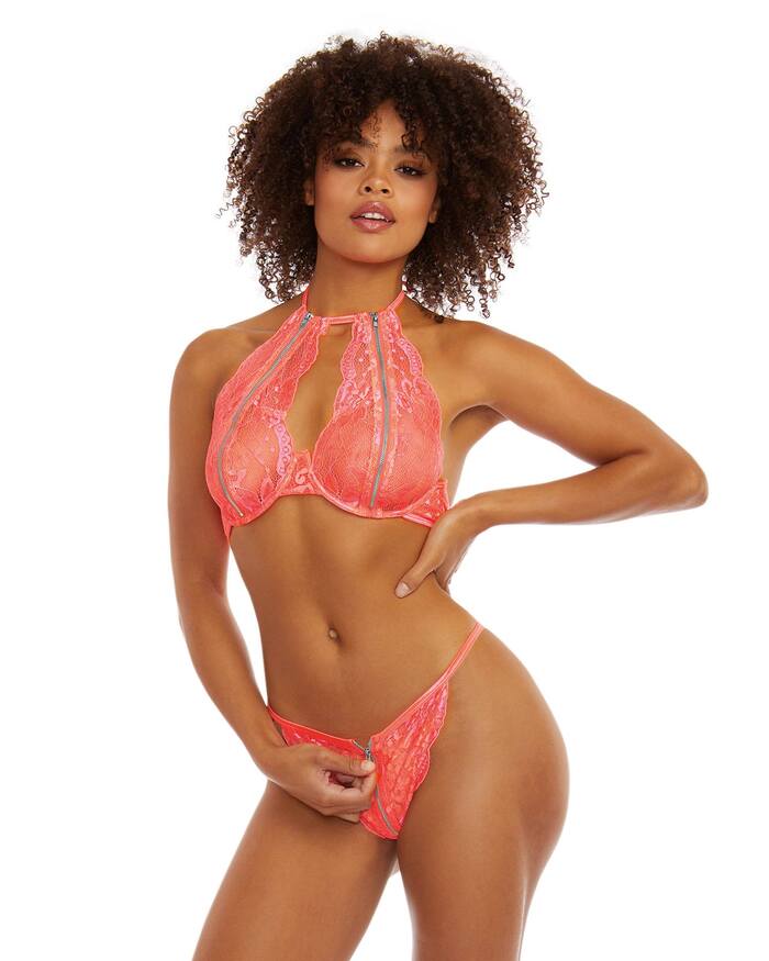 Sexy Valentine’s Day Lingerie - Coral Stretch Lace and Zipper Detailed Bralette and Panty Set by Dreamgirl