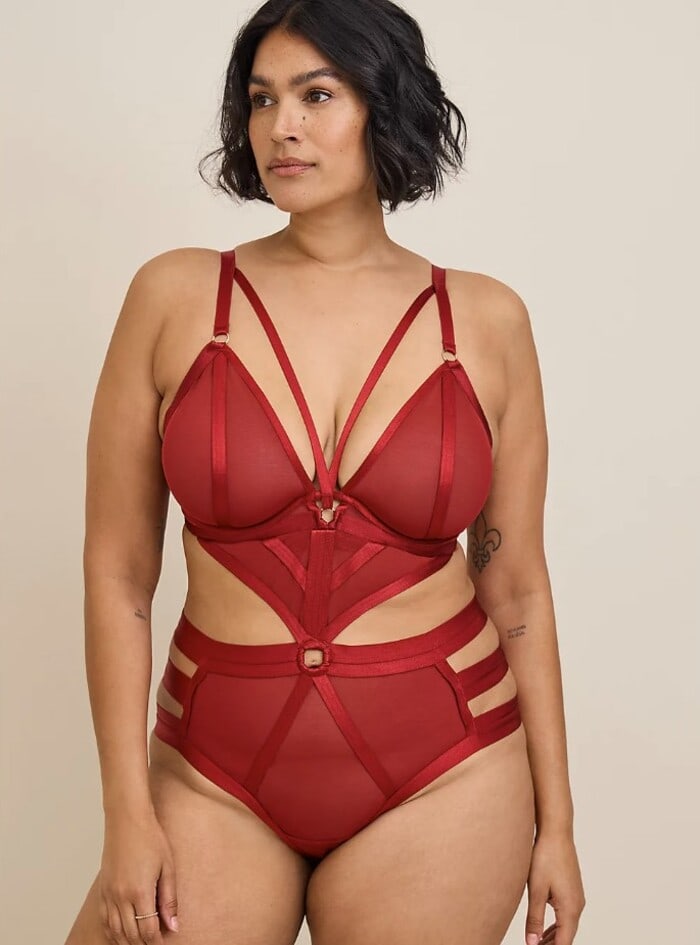 Sexy Valentine’s Day Lingerie - Red Strappy Mesh Bodysuit by Torrid
