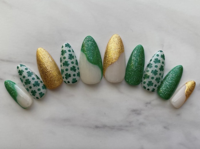 St Patricks Day Nail Designs - gold and green press ons