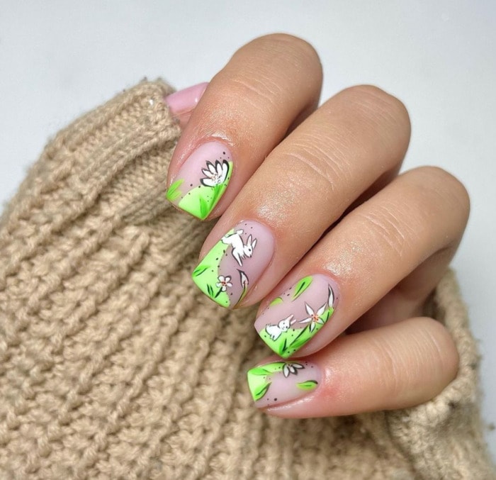 Easter Nail Design Ideas - Green Hills with Bunnies
