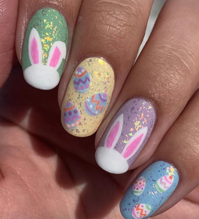 Easter Nail Design Ideas - Sparkly Pastels with Bunnies and Eggs
