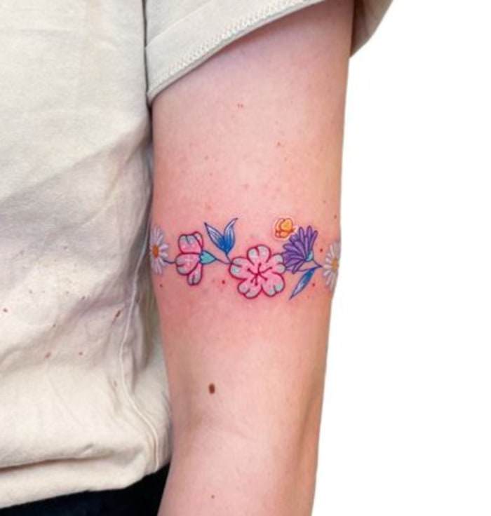 Flower tattoos- Colorful Flower Arm Band Tattoo
