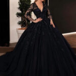 Goth wedding dresses- Black Lace Sleeves Ball Gown