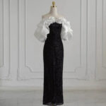 Goth wedding dresses- Black Sequin Dress with White Ruffle Sleeves