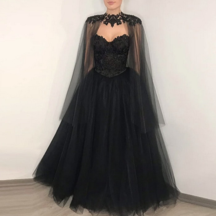 Goth wedding dresses- Black Lace Ball Gown with Beaded Cape