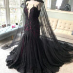 Goth wedding dresses- Burgundy and Black Trumpet Dress with Cape