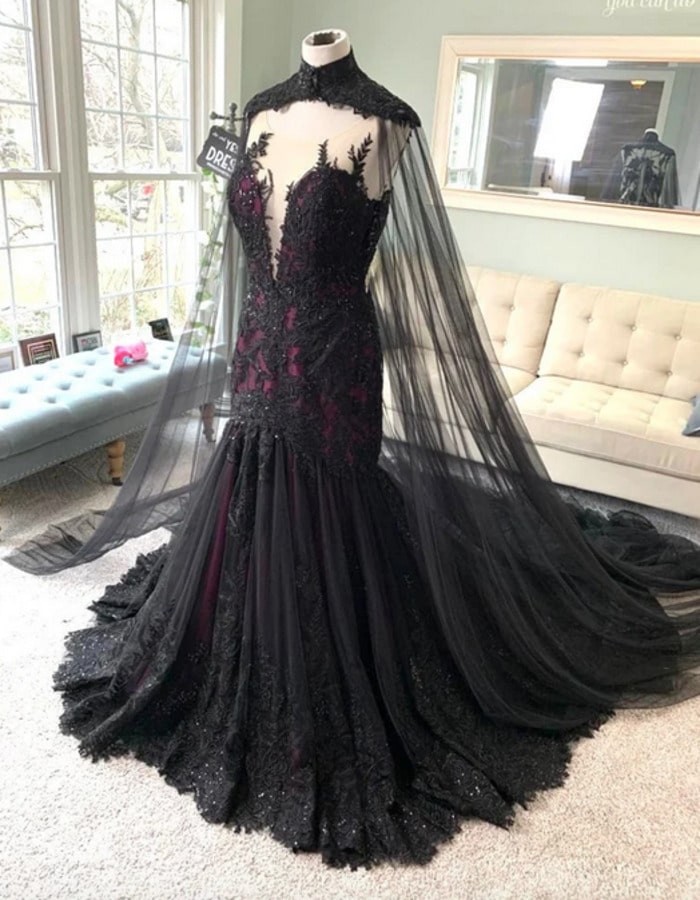 Goth wedding dresses- Burgundy and Black Trumpet Dress with Cape