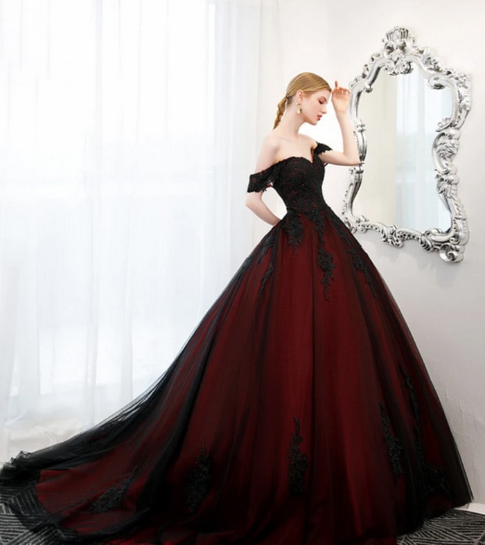 Goth wedding dresses- Red Ball Gown with Black Beading