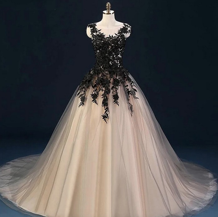Goth wedding dresses- Cream Tulle Ball Gown with Black Lace Top