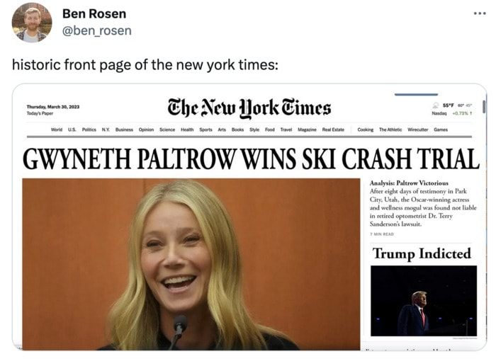 Trump indictment tweets memes twitter reactions - gwyenth paltrow ski case